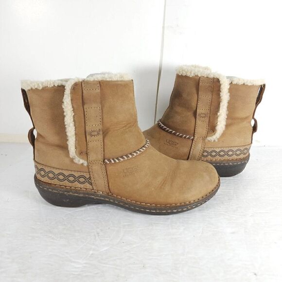 UGG Women's Cove US 7 Brown Leather Shearling Lined Ankle Winter Boots - Picture 8 of 16